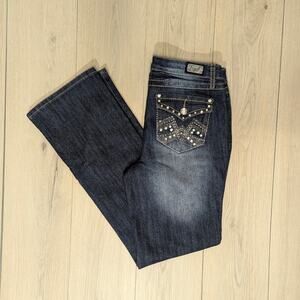 Earl Jeans size 8 embroidered jeweled distressed dark wash straight leg jeans